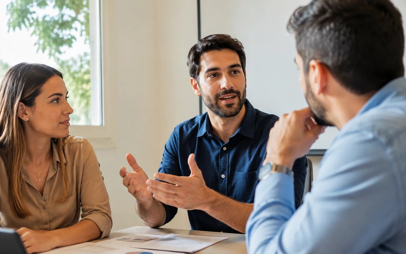 Roda de conversa numa sala clara, com uma pessoa expondo o ponto e duas escutando