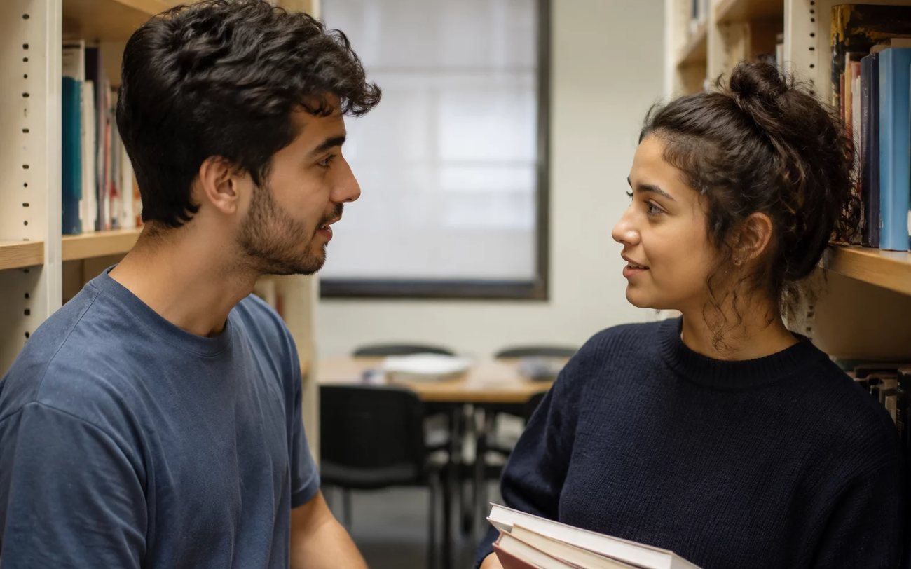 Três pessoas sentadas a uma mesa comprida, no meio de uma conversa numa sala de janelas altas